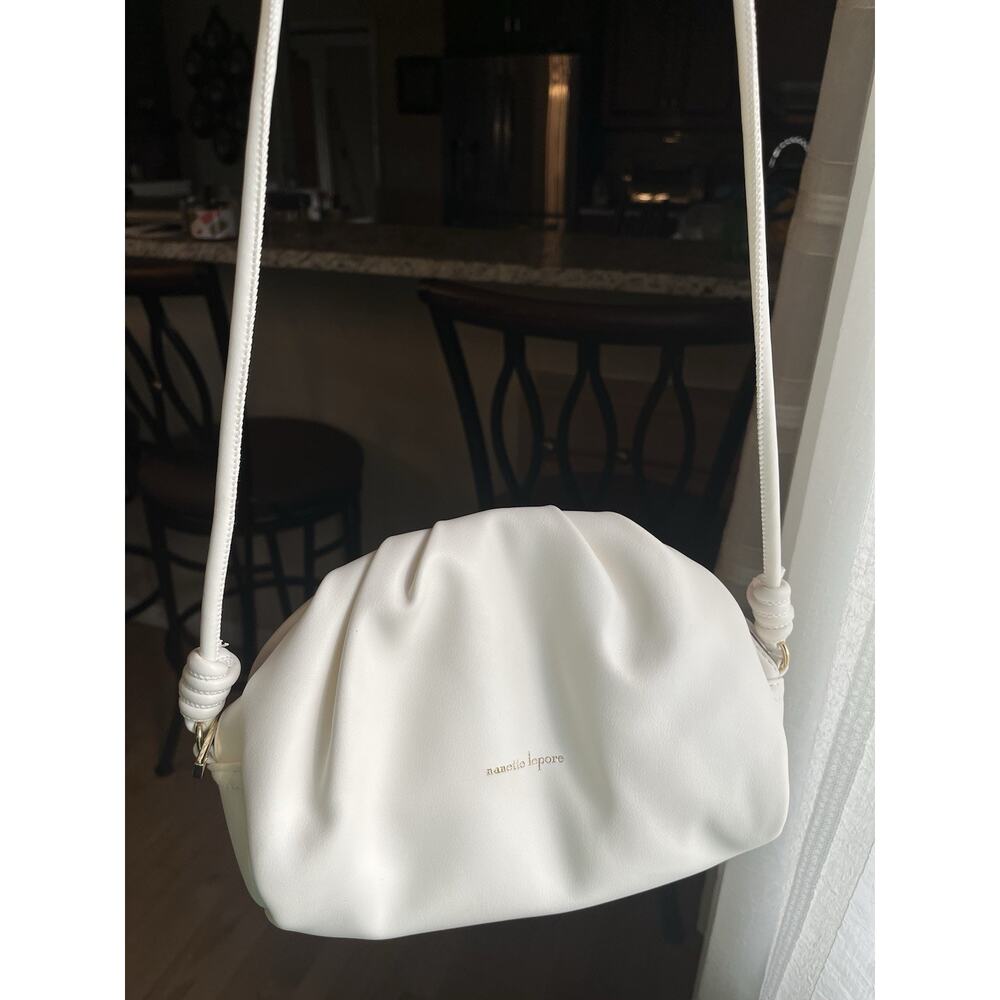 Nanette Lepore White Crossbody Bag Faux Leather Blue Daisy Purse Vegan‎ Handbag